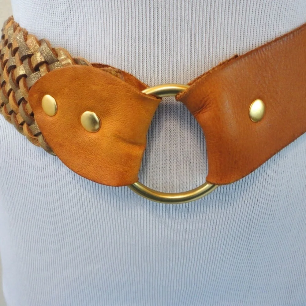 Vintage BOHO BRAIDED Tan Leather Brass Belt M